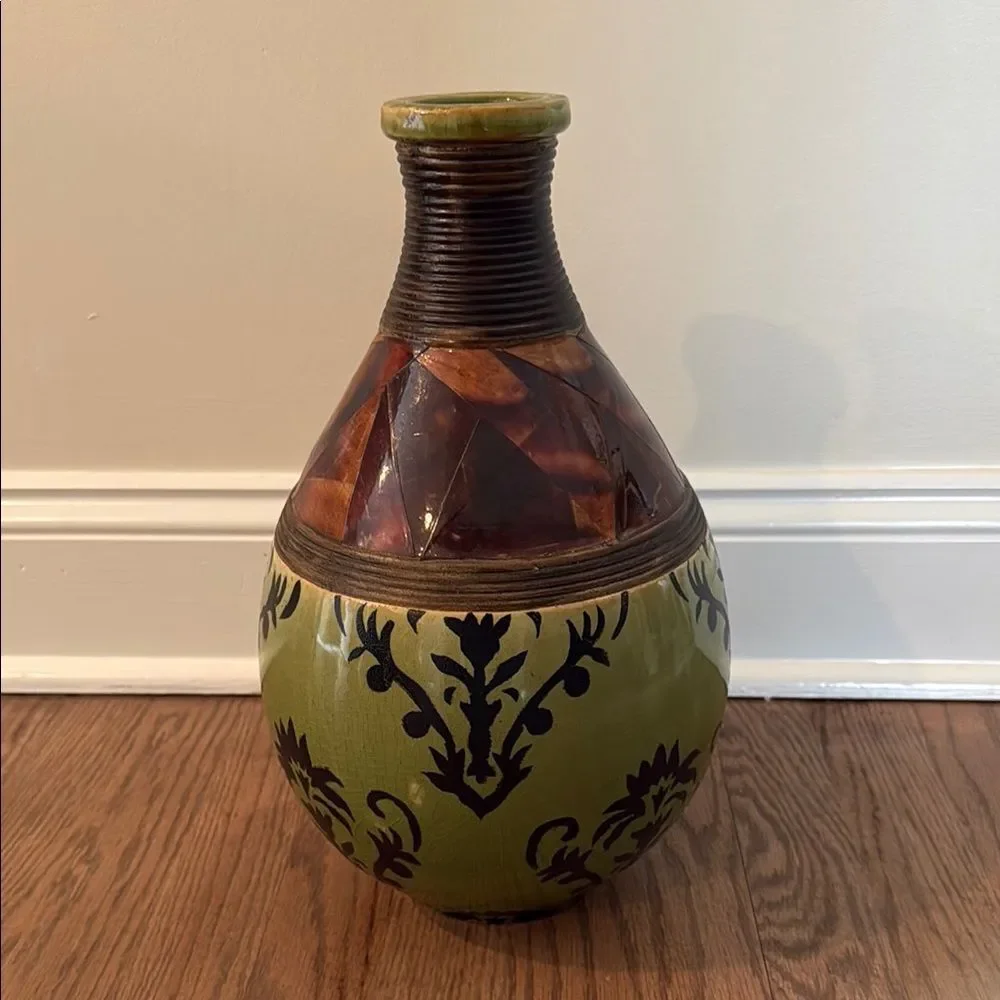 PIER ONE LARGE Decorative Ceramic Vase with Green Brown Black Pattern Decor